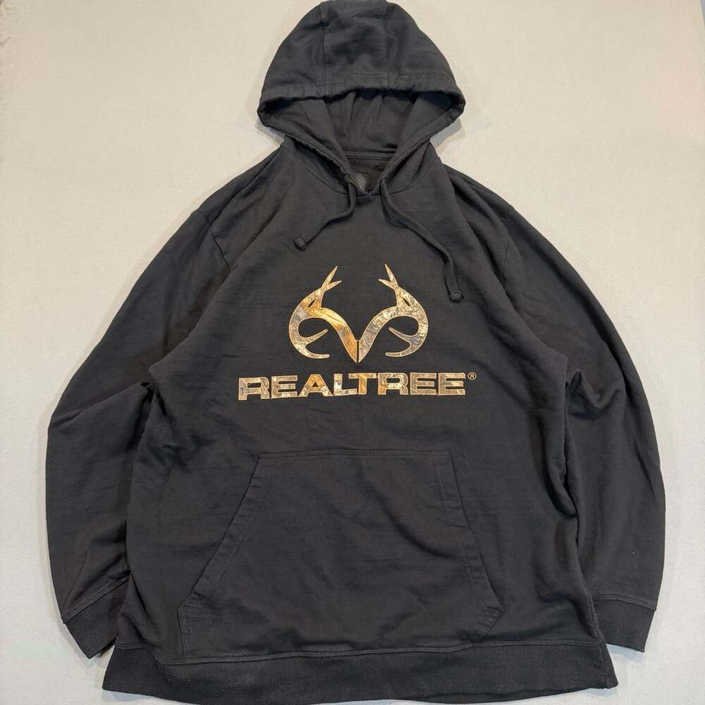 Realtree Men's Fleece Hoodie Size L Black Camo Logo Pullover